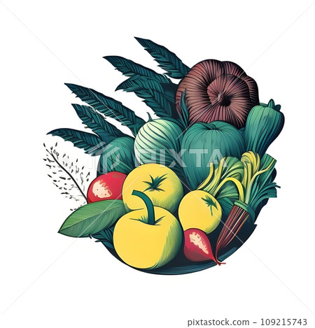 Isolated arrangement of fresh fruits and vegetables and leaves in illustrative style - Ai generated 109215743