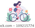 Young happy woman riding bicycle in the park, Girl enjoys on a bike outdoors activity, flat vector illustration. 109215774