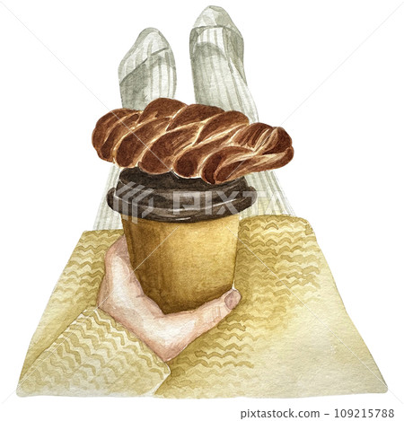 Female hands hold hot cup of coffee with brioche on white background.Winter cozy concept with cocoa or tea or coffee in big mug. Watercolor cozy winter illustration for card, invitation. 109215788