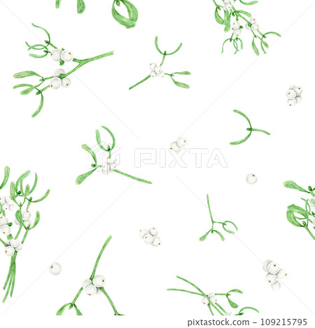 Seamless pattern of Mistletoe evergreen branches, leaves and white berries. Christmas symbol. Watercolor hand drawn botanical background for packing, textile, paper, winter prints, invitations, design 109215795