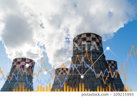 Pipes of smoke in the factory close-up against the blue sky on a sunny day. Heating price increase schedule 109215993