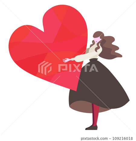 A woman with wavy hair holding a big heart in her hand A woman with wavy hair holding a big heart in her hand 109216018