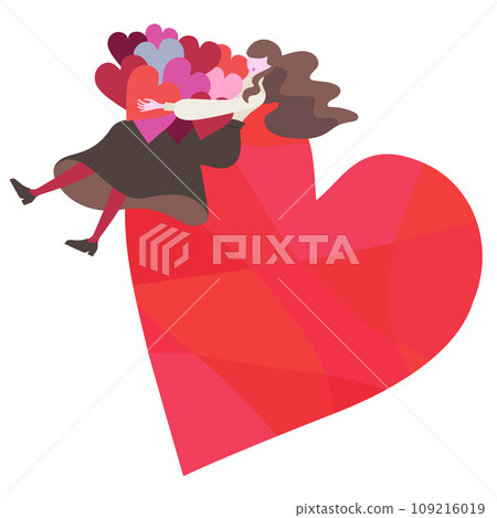 A woman sitting on a big heart holding many small hearts 109216019