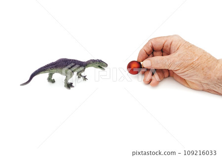 Greeting card. Old hand holding red Christmas toy and calls out green dragon on white background. New Year concept 2024. Copy Space for text. Front view. Greeting card. Old hand holding red Christmas toy and calls out green dragon on white background. New Year concept 2024. Copy Space for text. Front view. 109216033