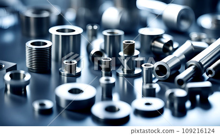 Close-up of industrially manufactured metal parts for industry after production - AI generated 109216124
