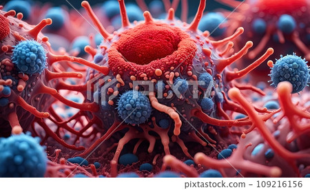 Lymphocytes cell in the immune system reacting and attacking a migrating and spreading cancer cell - AI generated 109216156