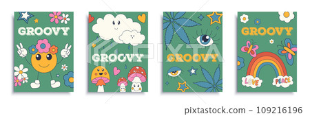 Groovy cover brochure set in flat design. Poster templates with romantic retro style hippie 60s 70s with cute mascots, daisy, hearts, stars, clouds, mushrooms, eyes and other. Vector illustration. Groovy cover brochure set in flat design. Poster templates with romantic retro style hippie 60s 70s with cute mascots, daisy, hearts, stars, clouds, mushrooms, eyes and other. Vector illustration. 109216196