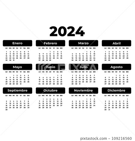 Spanish horizontal rectangular black calendar for 2024 year. White background. Isolated vector image. Illustration template for design, planner 109216560