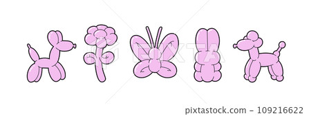 Balloon animals collection and bubble sticker. Dog flower butterfly bunny poodle in trendy retro y2k style. Cartoon graffiti vector illustration isolated on white background. Balloon animals collection and bubble sticker. Dog flower butterfly bunny poodle in trendy retro y2k style. Cartoon graffiti vector illustration isolated on white background. 109216622