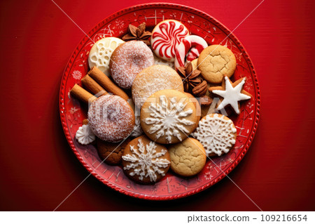 christmas cookies on a red plate on red background. Top view christmas cookies on a red plate on red background. Top view 109216654
