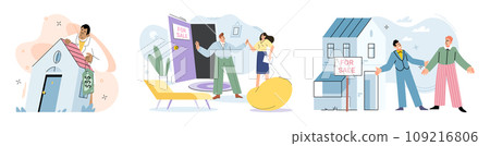 Buying and choosing housing. Vector illustration The mortgage allowed buyer to purchase their dream home The apartment was in high demand for rent due to its convenient location The sale property Buying and choosing housing. Vector illustration The mortgage allowed buyer to purchase their dream home The apartment was in high demand for rent due to its convenient location The sale property 109216806