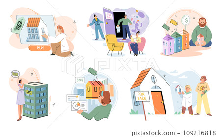 Real estate search. Vector illustration Buying residential property with mortgage required careful financial planning People looking for home explored different neighborhoods and property types 109216818