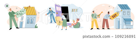 Real estate search. Vector illustration Buying residential property involved evaluating propertys condition People looking for home relied on real estate search concept to find available listings Real estate search. Vector illustration Buying residential property involved evaluating propertys condition People looking for home relied on real estate search concept to find available listings 109216891