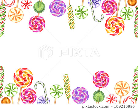 Horizontal frame of mix lollipops. Colorful spiral, circle candies, bonbon with striped swirls, sugar caramels on stick. Copy space for text. Watercolor illustration. Label, card 109216986