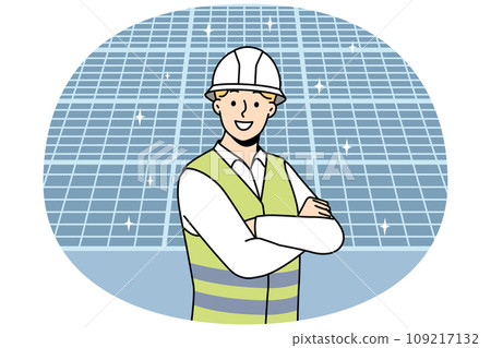 Engineer in uniform near solar panels Engineer in uniform near solar panels 109217132