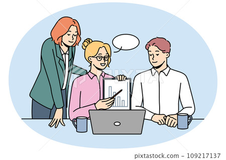 Smiling businesspeople talk on webcam make presentation Smiling businesspeople talk on webcam make presentation 109217137