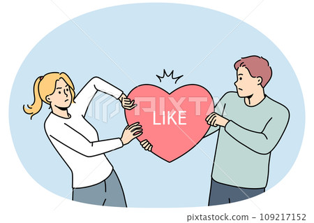 Angry man and woman share likes on social media 109217152