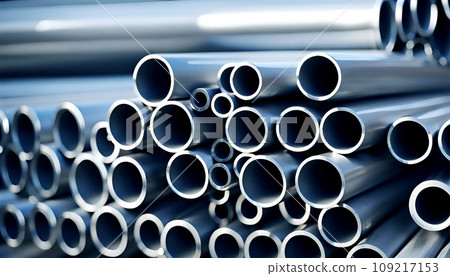 Close-ups of stored industrially manufactured metal steel pipes after production - AI generated 109217153