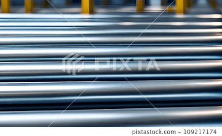 Close-ups of stored industrially manufactured metal steel pipes after production - AI generated 109217174