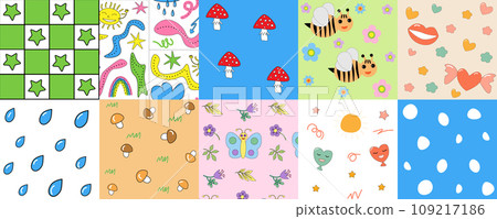 Set of cartoon seamless patterns. Fun simple bright backgrounds templates. Vector illustration. Set of cartoon seamless patterns. Fun simple bright backgrounds templates. Vector illustration. 109217186