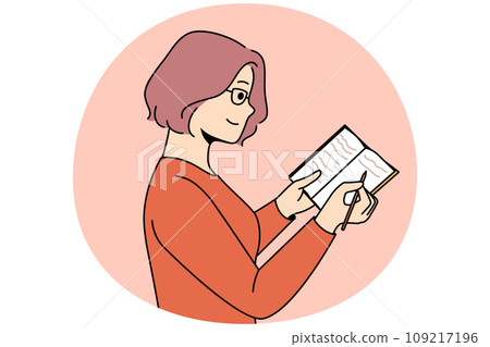 Smiling young woman take notes in notebook 109217196