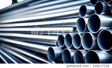Close-ups of stored industrially manufactured metal steel pipes after production - AI generated 109217198