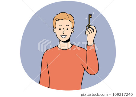 Smiling man holding key to new house Smiling man holding key to new house 109217240
