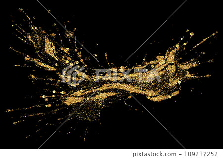 Gold glitter texture on a black background. Festive background. Golden explosion of confetti. Design element. 109217252