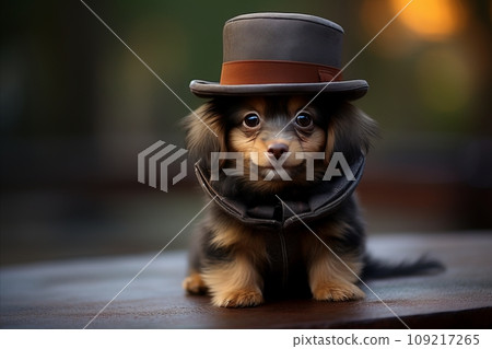 Cute Little Puppy Wearing Vibrant Top Hat, Looking Adorable and Stylish, Perfect for Text Placement 109217265