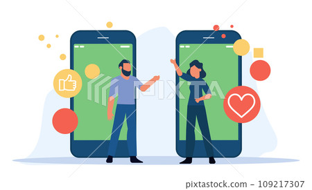 Young woman used smartphone to access online dating app, hoping to find love in digital world of social media. Couple chatted on mobile phones. Woman flirted with text messages vector illustration 109217307