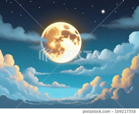 月亮和雲彩漂浮在夜空中。插畫風格。人工智慧世代 109217358