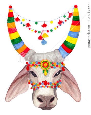 Indian Traditional holy Cow. Pongal. Watercolor hand drawn art illustration on white background. For cards, handmade textiles, prints, menus, poster 109217368