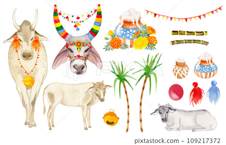 Indian traditional holy cow and yellow, orange marigold flowers, leaves and buds. Indian festival Diwali floral decorations. Clipart. Pongal. Watercolor artistic illustration on a white background. Indian traditional holy cow and yellow, orange marigold flowers, leaves and buds. Indian festival Diwali floral decorations. Clipart. Pongal. Watercolor artistic illustration on a white background. 109217372
