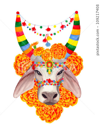 Indian traditional holy cow in yellow and orange marigold flowers. Pongal. Watercolor artistic illustration on a white background. For cards, handmade textiles, prints, menus, posters 109217408