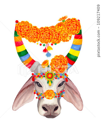 Indian Traditional holy Cow in Yellow and orange tagetes flowers. Pongal. Watercolor hand drawn art illustration on white background. For cards, handmade textiles, prints, menus, poster 109217409