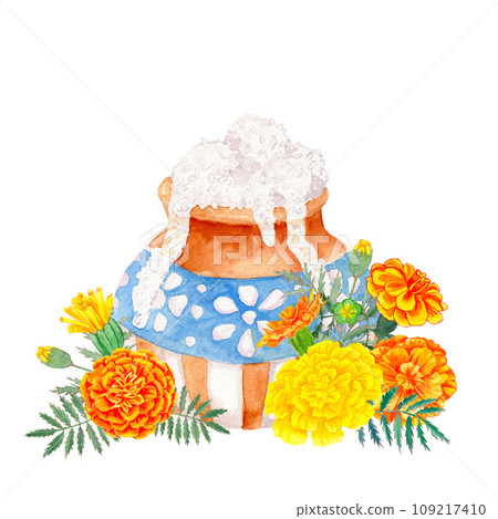 Happy Pongal holiday of traditional rice dish in mud pot in tagetes colors, on white background. Watercolor, hand drawn art illustration. For cards, handmade textiles, prints, menus, posters 109217410