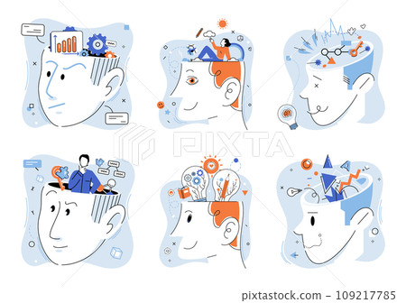 Mindset. Vector illustration. The mindset concept encourages us to think beyond our limitations Learning is continuous process improvement Inspiration fuels creative thinking and innovation Positive Mindset. Vector illustration. The mindset concept encourages us to think beyond our limitations Learning is continuous process improvement Inspiration fuels creative thinking and innovation Positive 109217785