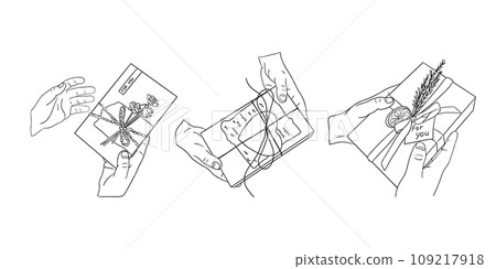 Hand drawn vector doodles set with hands and gifts 109217918