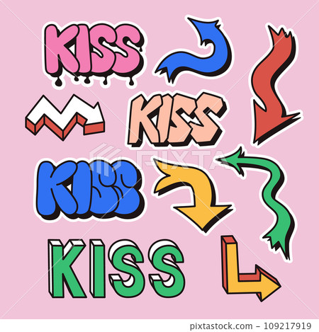 Retro 90s 2yk style sticker set with word Kiss 109217919