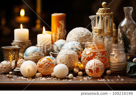 Table with vintage Christmas figurines, classic ceramic, snow globes, soft candlelight, old books Table with vintage Christmas figurines, classic ceramic, snow globes, soft candlelight, old books 109218199