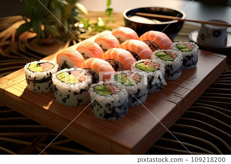 Set of sushi roll on a bamboo mat, highlighting the artistry of sushi presentation Set of sushi roll on a bamboo mat, highlighting the artistry of sushi presentation 109218200