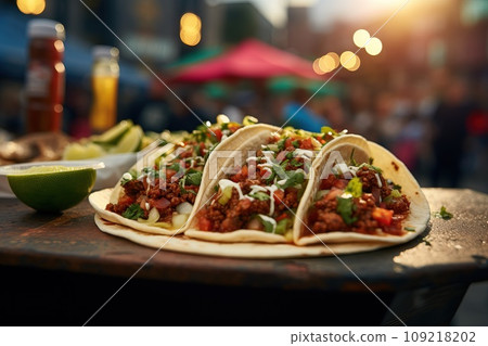Close-up shot of a street-style taco with grilled meat, fresh salsa, and vibrant toppings 109218202