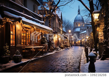 Winter cityscape snow covered streets of Paris lined with historical buildings adorned with festive lights and decorations 109218208