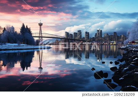 Panoramic view of a winter Toronto city skyline, city lights reflecting off the icy surfaces and creating a magical, urban winter wonderland 109218209