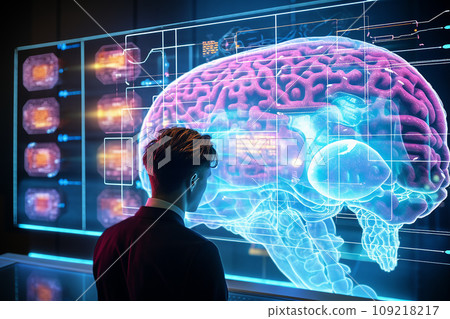 Realistic brain scan, neural activity, neon colors Realistic brain scan, neural activity, neon colors 109218217