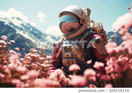 Astronaut in alpine meadows, in a field of rhododendrons 109218219