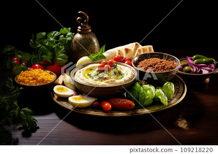 Overhead view of mezze platter of hummus and pita bread surrounded by fresh tomatoes, olives, and vegan tzatziki 109218220