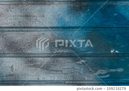 Blue paint spot stain old dirty fence surface weathered texture background pattern 109218279