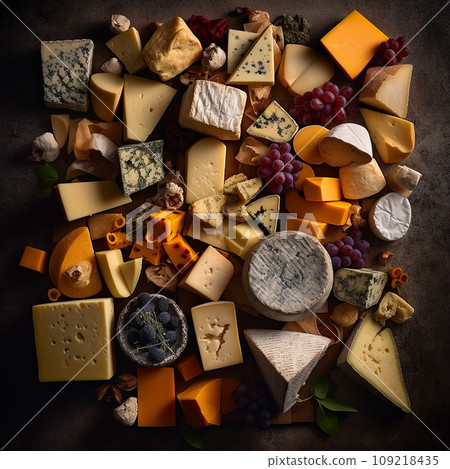 Background cheeses, appetizing tasty pieces and slices of different cheeses on black, flatley, culinary background for packaging design and advertising, brie, kalembert, maasdam, gouda, edam, dor blue Background cheeses, appetizing tasty pieces and slices of different cheeses on black, flatley, culinary background for packaging design and advertising, brie, kalembert, maasdam, gouda, edam, dor blue 109218435