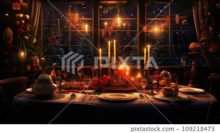 Festive dinner setting for holiday celebration with variety of dishes served on table adorned with candles glassware. Generative AI 109218473